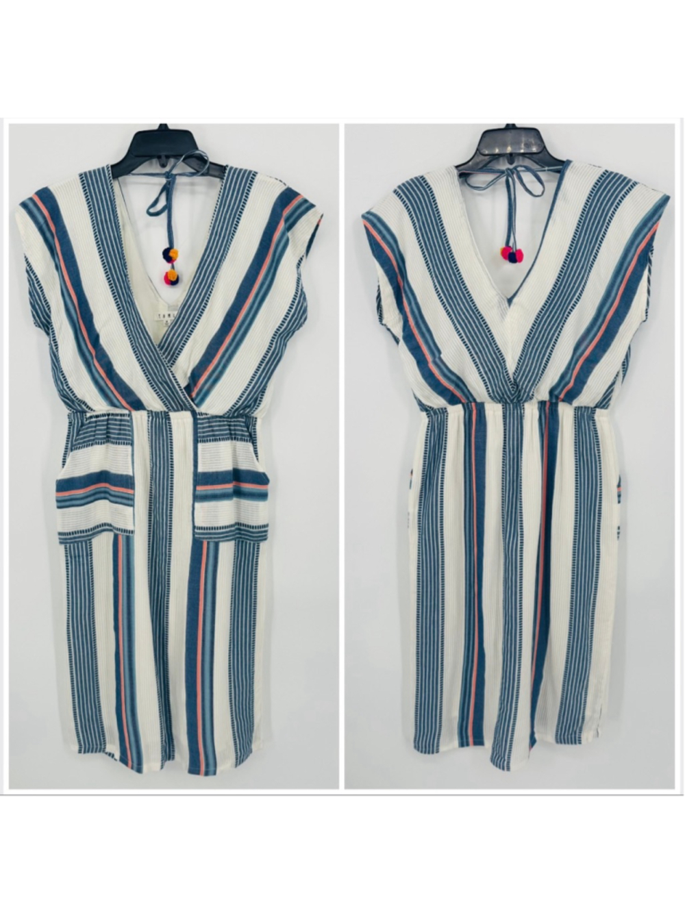 THML Striped V-Neck Dress White Blue, Size M Pom-Pom Beach